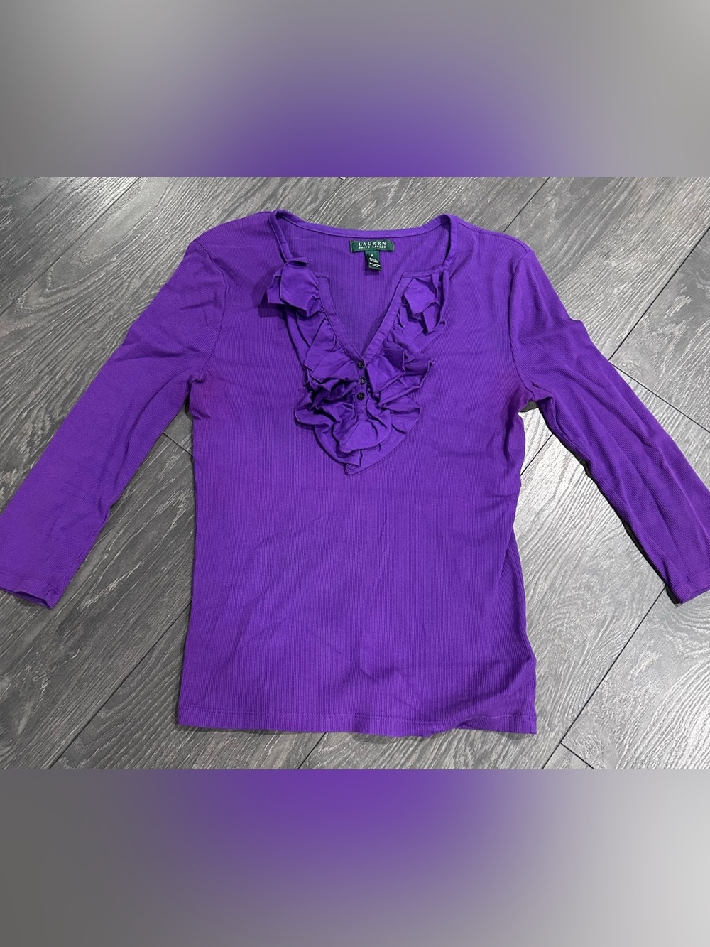 Lauren Ralph Lauren Petite Purple Ribbed Ruffle V-Neck 3/4 Sleeve Top Med Cotton